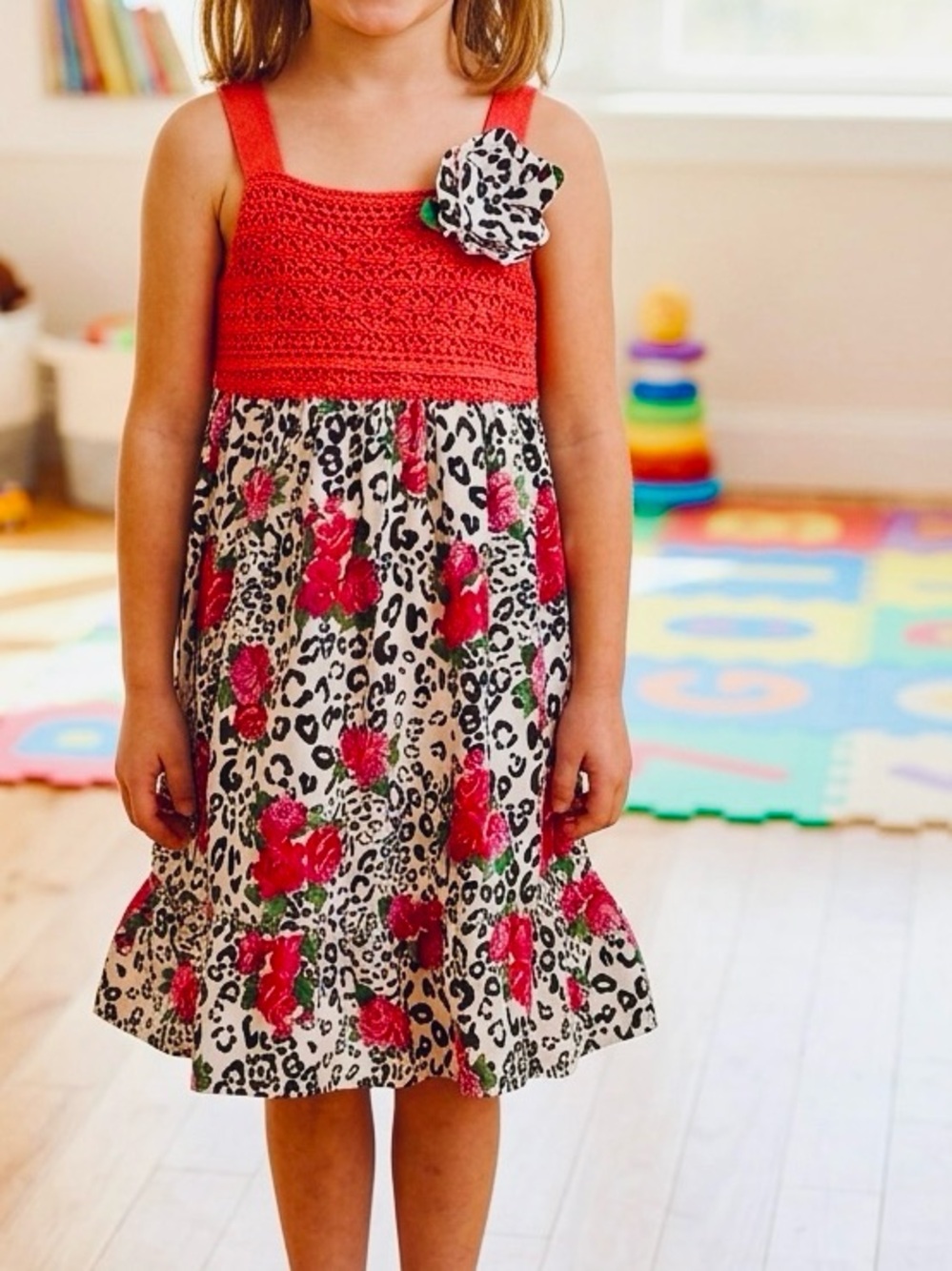 Red Pink Crochet-Top Floral Leopard Girls' Sun Dress